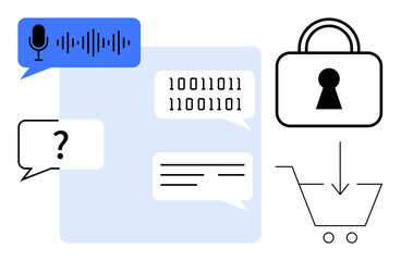 Speech bubbles with audio, question mark, binary code, text, lock icon, and shopping cart. Ideal for cybersecurity, e-commerce, data protection online transactions digital communication IT