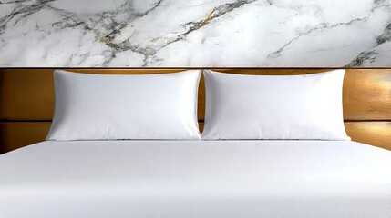 A bed with two white pillows on top of it