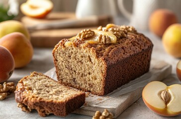 Moist and Delicious Homemade Nut Cake Topped with Walnuts and Fresh Slices of Fruit on a Rustic Wooden Surface in a Cozy Kitchen Setting