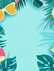 Fototapeta premium simple background in a soft, bright color turquoise and pale yellow. fun little illustration of sunglasses, a beach ball, or a palm leaf. Flat design. Copy space.