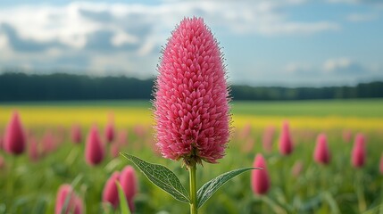 A pink flower in the middle of a field of flowers