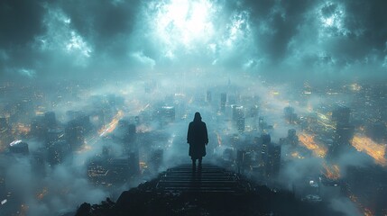 Fototapeta premium Man ascending stairs above a cityscape digital art on a cloudy sky background concept of ambition