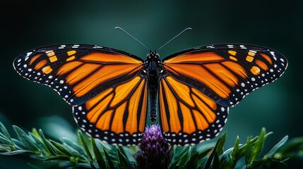 Naklejka premium A large orange butterfly sitting on top of a purple flower