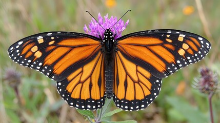 Obraz premium A large orange and black butterfly sitting on a purple flower