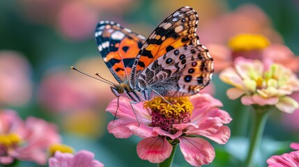 A butterfly sitting on top of a pink flower