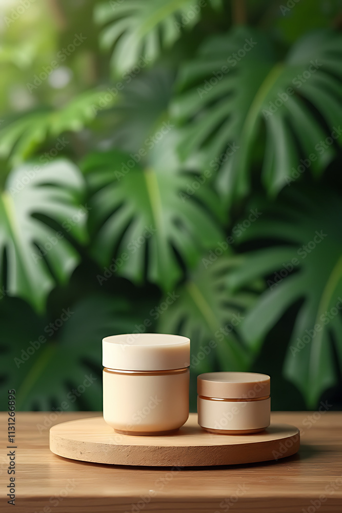 Poster product display features a wooden table and counter on a blurred tropical leaf background in a natur