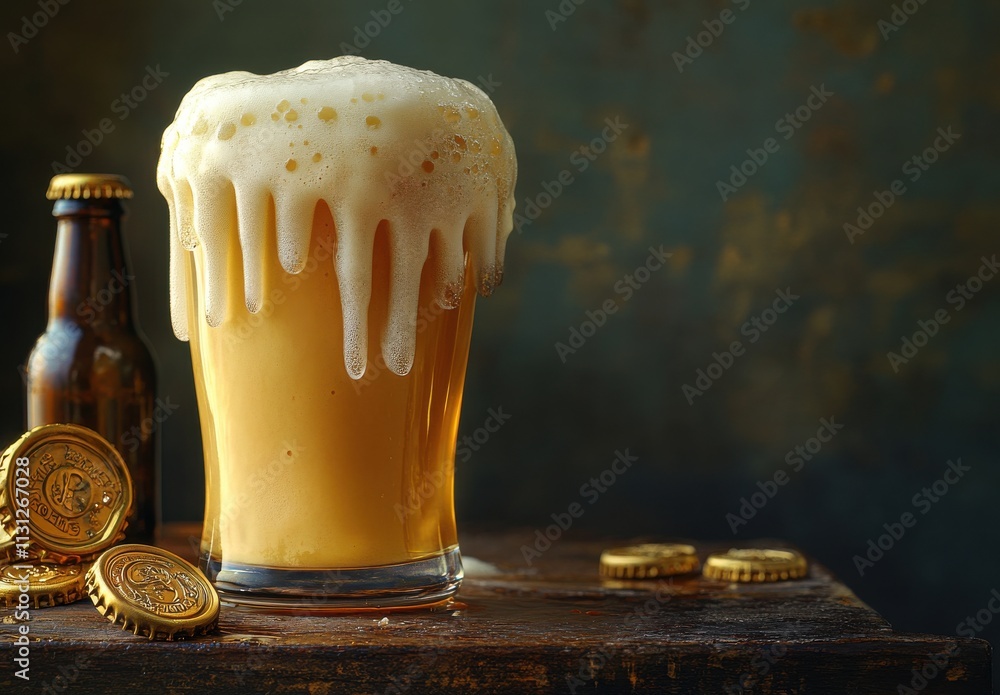 Poster refreshing golden brew in a glass with creamy foam and dripping edges on a rustic wooden table surro