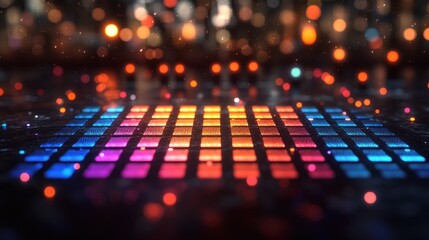 Abstract vibrant colorful digital grid pattern with bokeh lights.