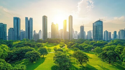 Obraz premium Futuristic green city skyline showcasing advanced technology and lush parks under a bright sky