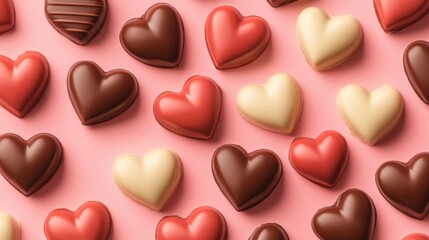 Obraz premium Delightful heart shaped chocolates in various colors and textures on pink background