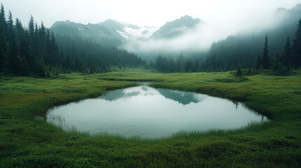Obraz premium Mountain peaks reflected in a calm pond surrounded by green fields.
