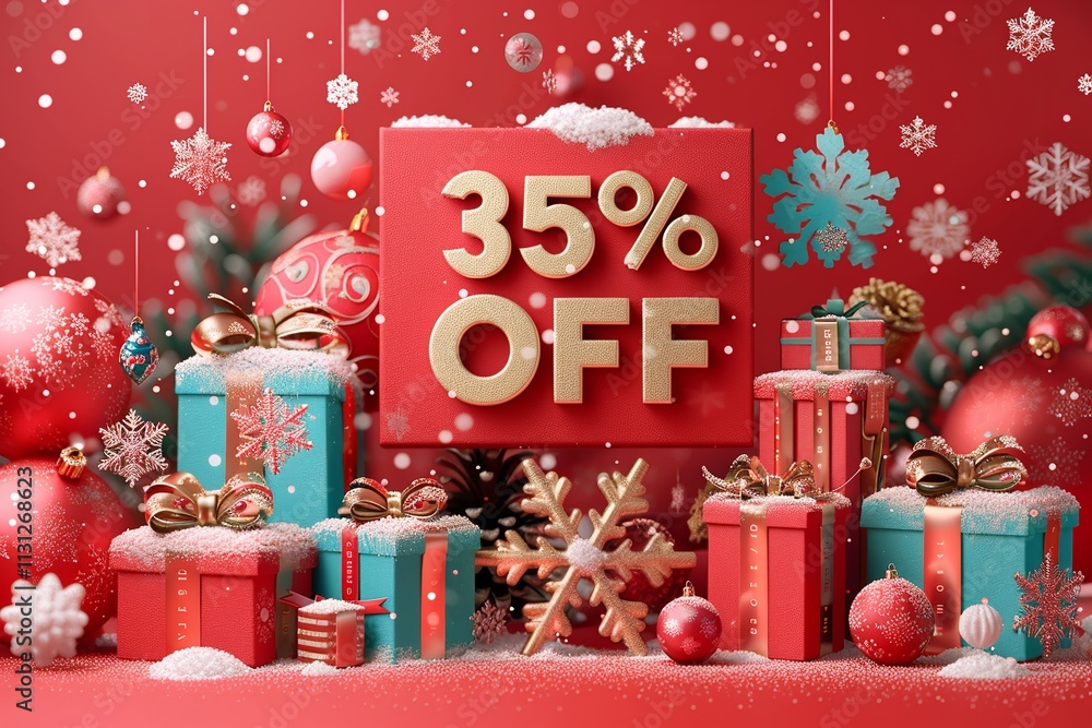 Poster festive shopping is occurring in this 3d winter scene consisting of snowflakes and presents over red
