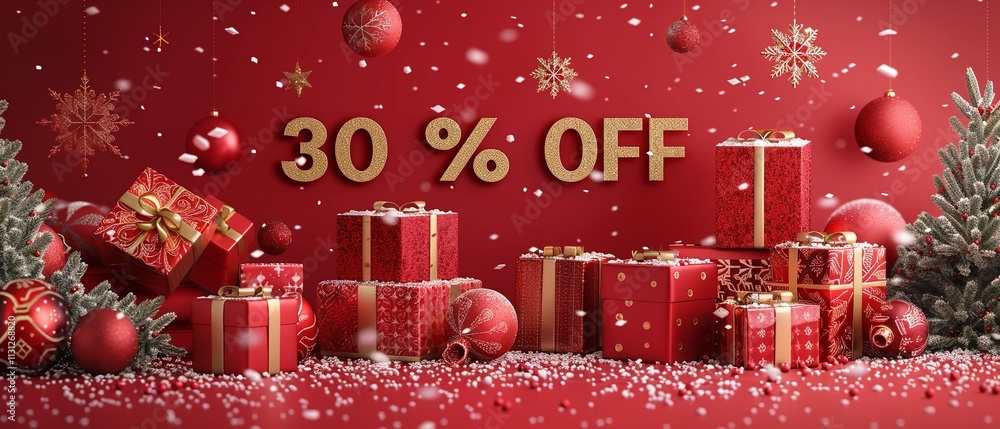 Poster festive shopping is occurring in this 3d winter scene consisting of snowflakes and presents over red