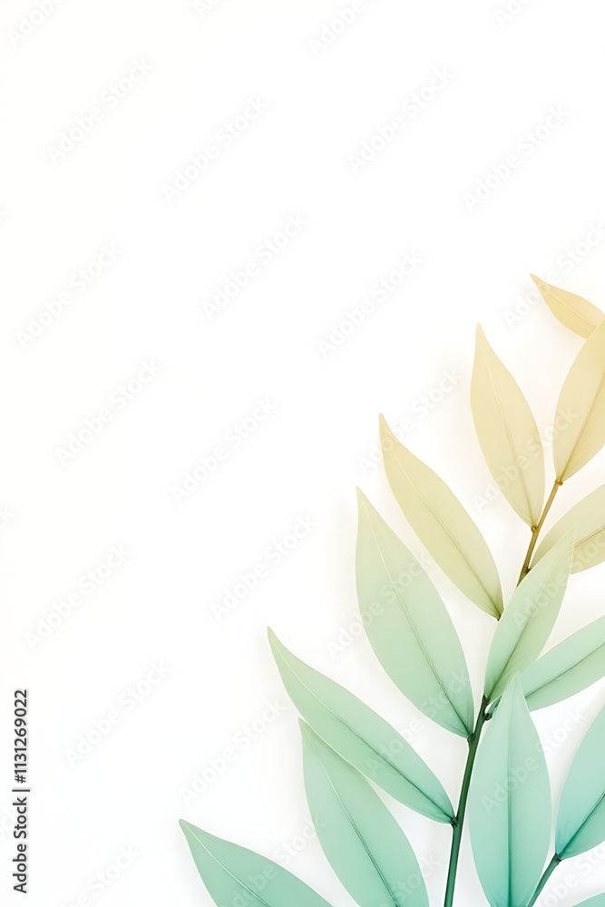 Poster Pastel colored tropical leaves set against a blank white background creating a peaceful and calming visual atmosphere overall._00003_