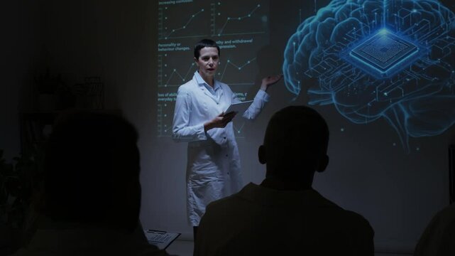 Female doctor in white coat holding digital tablet, presenting neural implant technology and answering questions from audience during medical seminar