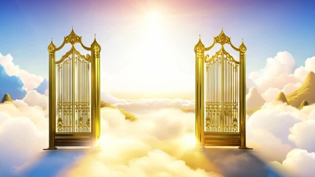 Open golden gates of Paradise against white clouds. Entrance to the afterlife for the righteous. Open gates of Paradise shine brightly, a beacon for the righteous souls.