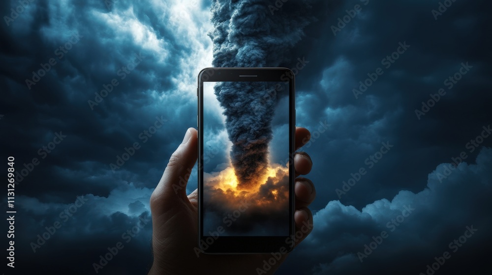 Aufkleber a tornado warning alert displayed on a smartphone against a stormy background.