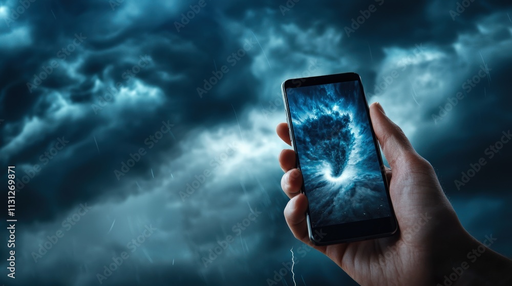 Poster a tornado warning alert displayed on a smartphone against a stormy background.