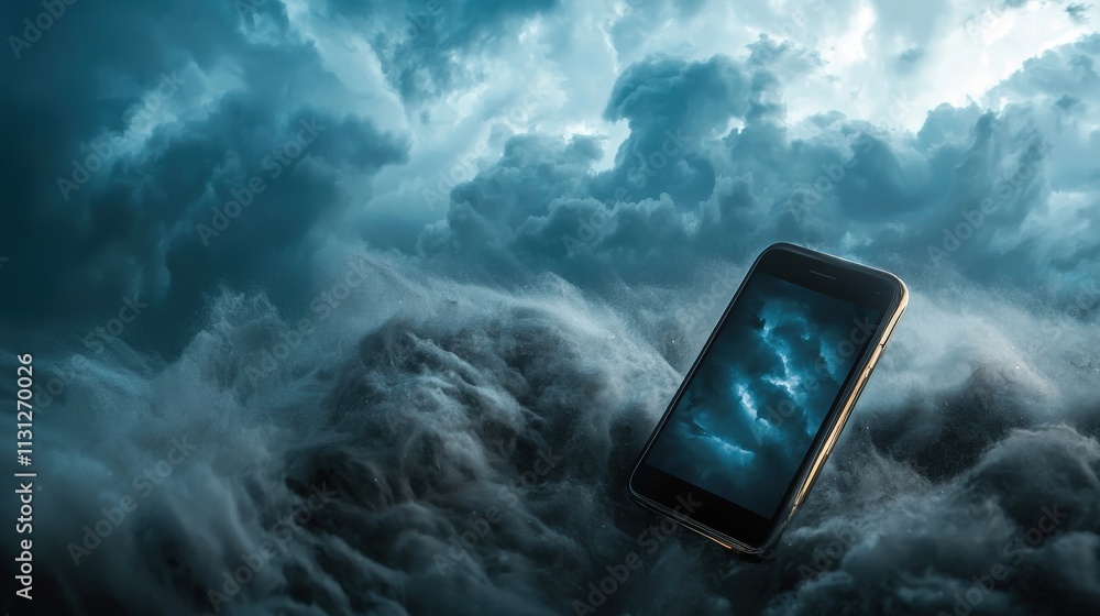 Poster a tornado warning alert displayed on a smartphone against a stormy background.