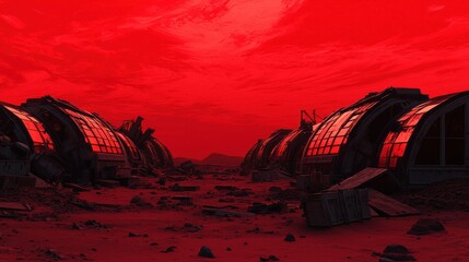 Futuristic Abandoned Space Colony Under Blood Red Sky at Dusk