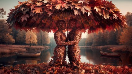 A surreal autumn scene. A couple, crafted entirely from autumn leaves, stand entwined under a leafy umbrella