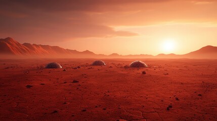 Surreal Martian Landscape with Distant Space Habitats at Sunset