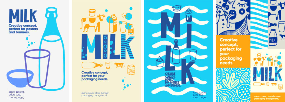 Milk Products. Minimalist and creative milk-themed designs with hand-drawn details, ideal for posters, labels, and packaging in retail or promotional use.