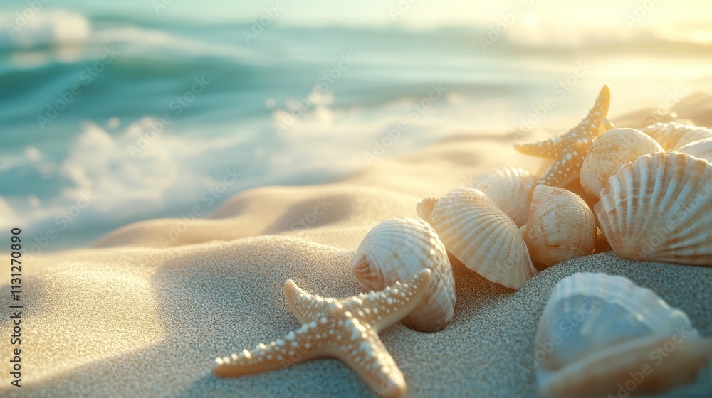 Poster shells and starfish with the background of the beach sand. summer concept. 3d rendering. large copy 