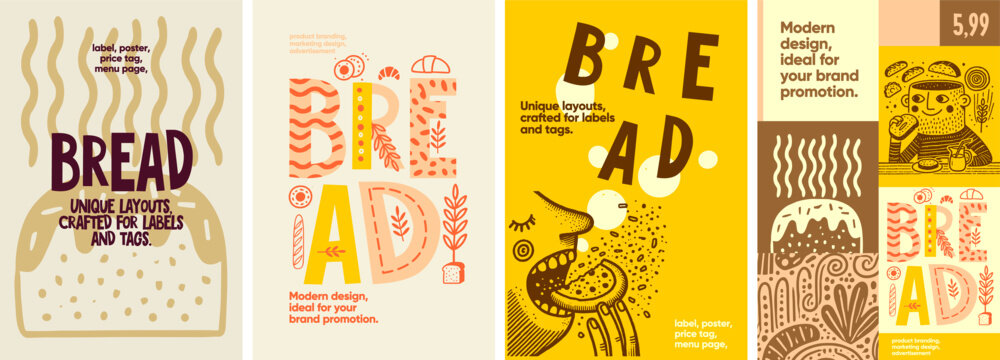 Bread. Warm and inviting designs showcasing hand-drawn bread illustrations, perfect for posters, packaging, and menus in bakeries and food outlets.