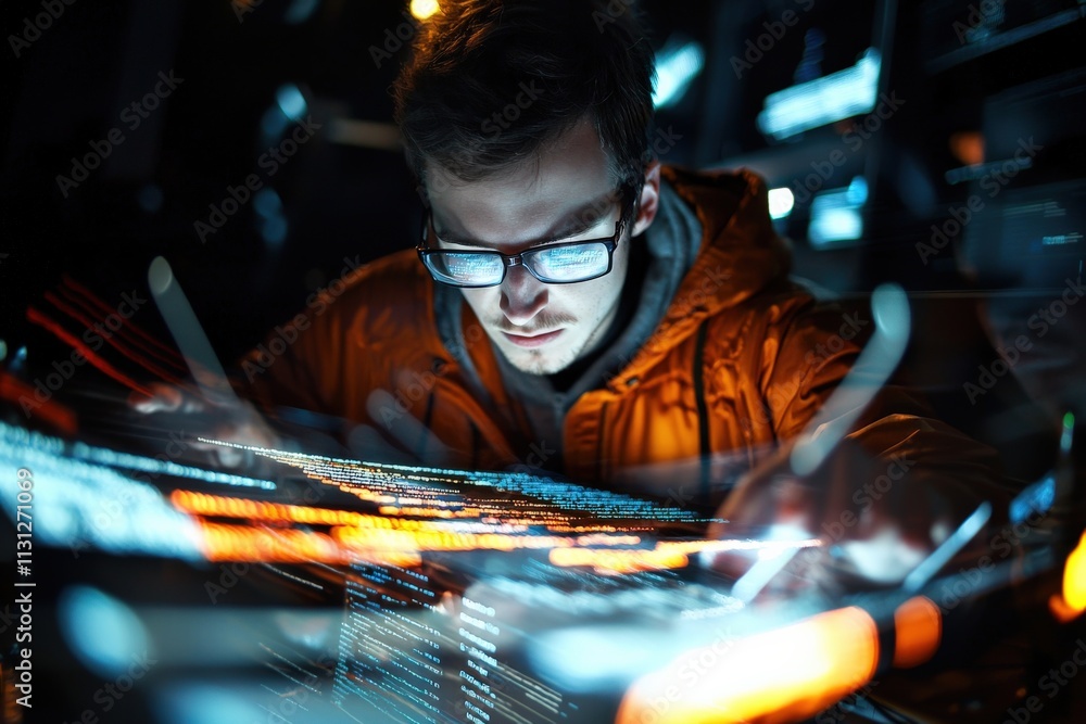 Poster A programmer coding on a multi-screen setup, with lines of vibrant text glowing.