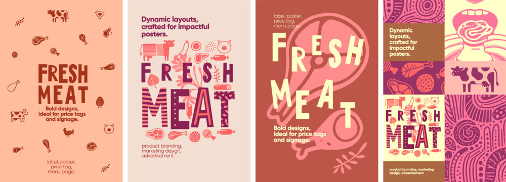 Fresh Meat. Dynamic and bold designs featuring hand-drawn meat illustrations, perfect for impactful posters, price tags, and store packaging.