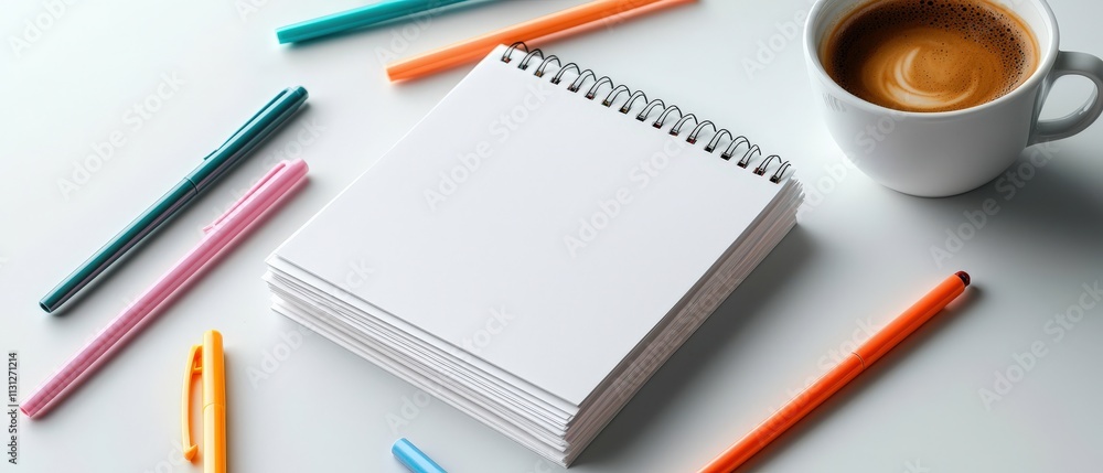 Poster a neat stack of notepaper surrounded by colorful pens and a warm coffee cup.