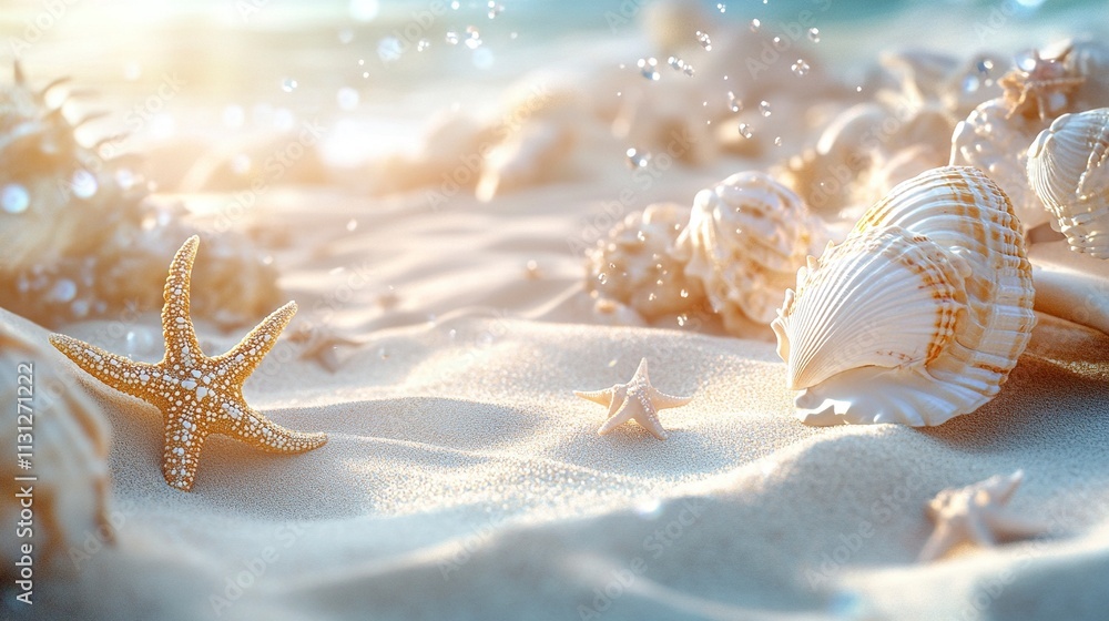 Poster shells and starfish with the background of the beach sand. summer concept. 3d rendering. large copy 