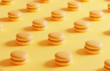 Obraz premium Vibrant Pattern of Miniature Yellow Burgers on a Bright Yellow Background for Playful and Fun Design Concepts and Food-related Themes