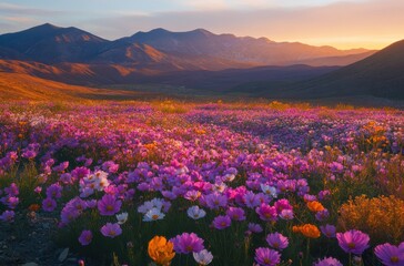 Fototapeta premium Vibrant Meadow of Wildflowers Blanketed in Colorful Blooms Against a Stunning Mountain Landscape During a Golden Sunset