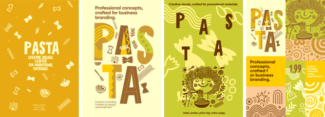 Pasta. Fun and playful pasta-themed designs with hand-drawn elements, ideal for food packaging, posters, and advertising in stores and markets.