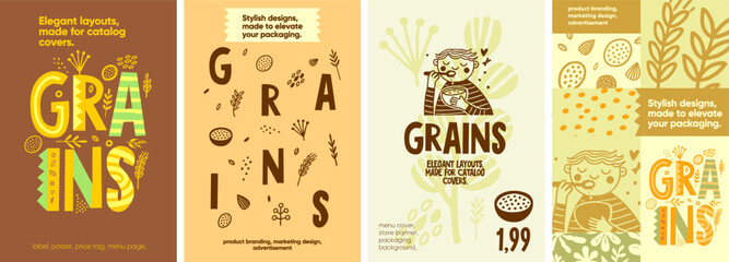 Grains. Rustic grain-themed layouts with hand-drawn details, ideal for catalog covers, packaging, and promotional posters for healthy food products.