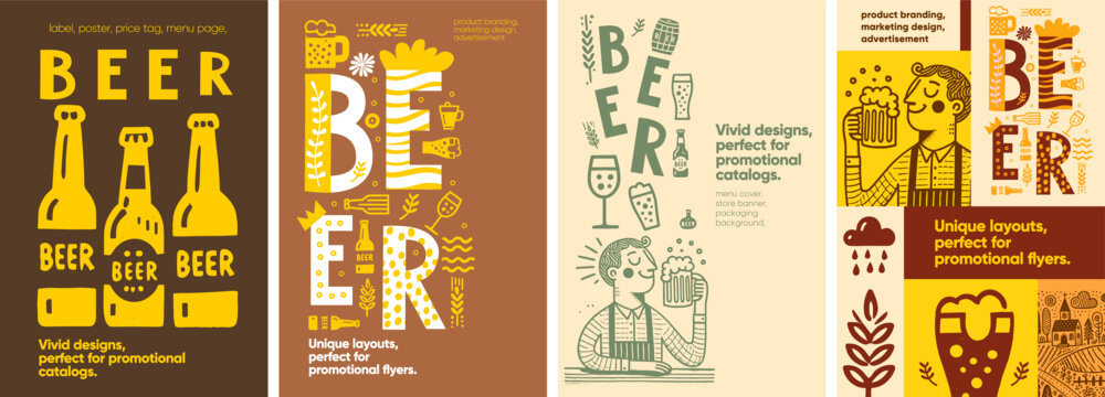 Beer. Rustic and bold beer-themed layouts with hand-drawn elements, tailored for promotional materials, packaging, and catalog designs.