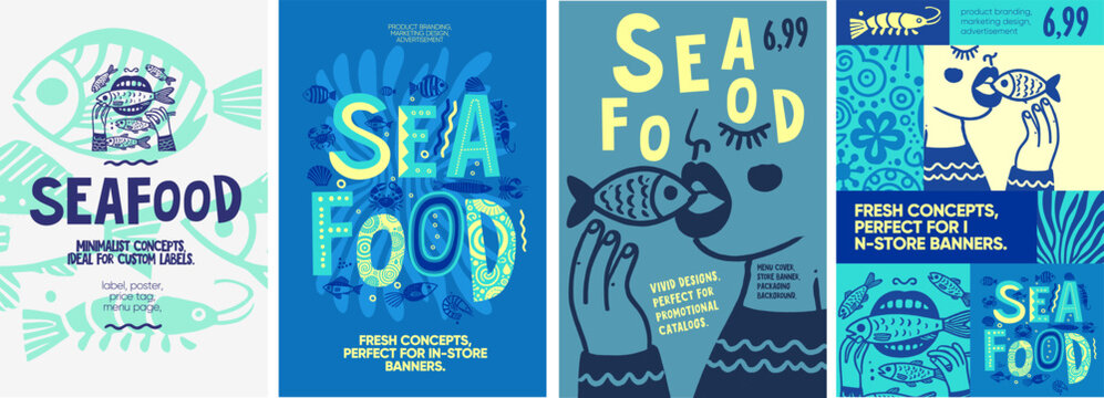 Seafood. Fresh and minimal seafood-inspired designs with playful hand-drawn elements, perfect for product labels, packaging, and promotional banners.