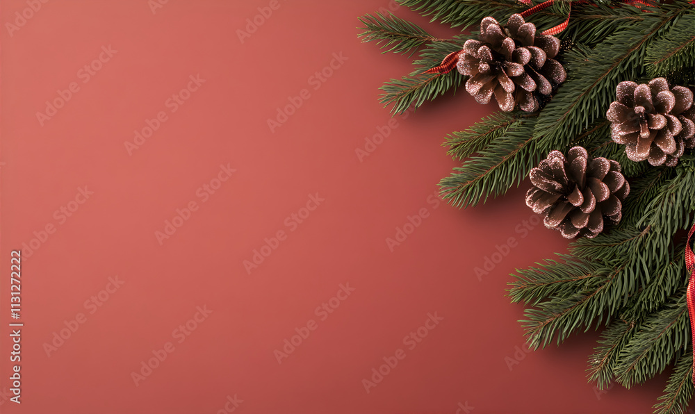 Wall mural festive christmas frame on red background made of chritmas fir branches and pines with space for tex
