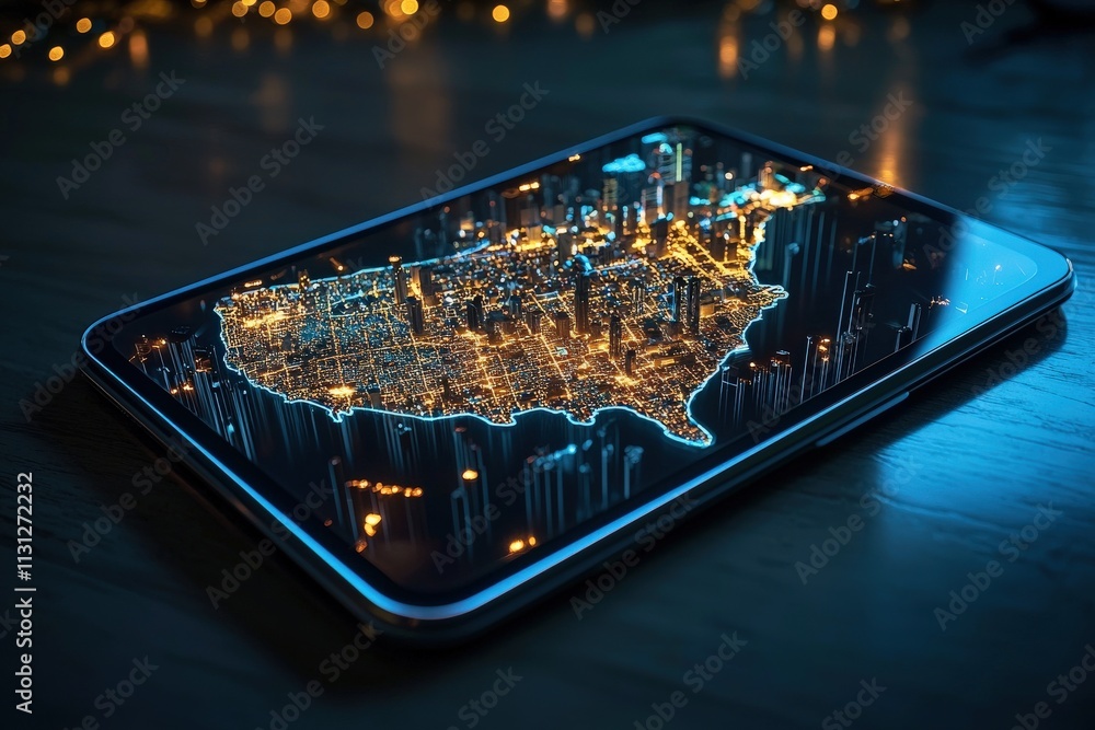 Poster a glowing state map displayed on a tablet, with cities highlighted in vivid colors.