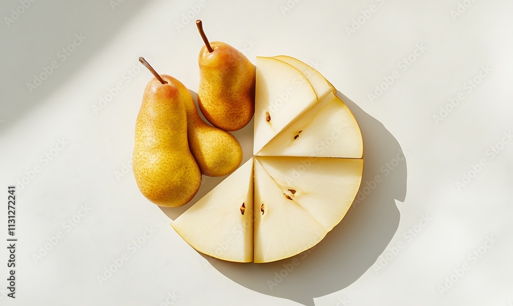 Poster two whole pears and a sliced pear arranged in a circle