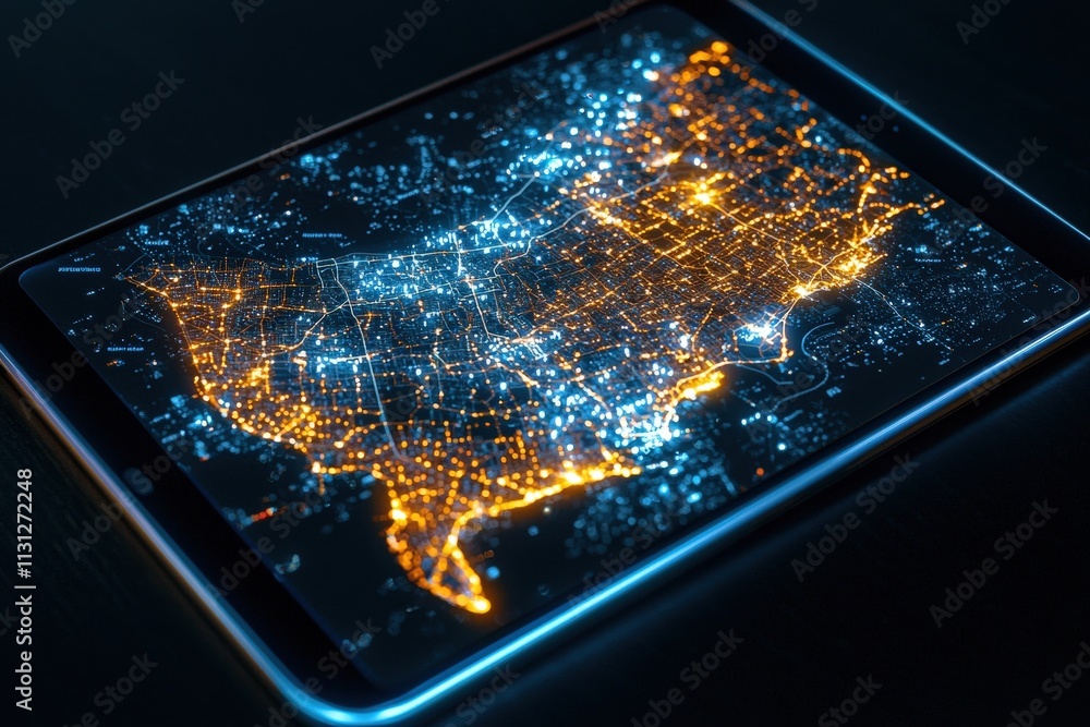 Poster a glowing state map displayed on a tablet, with cities highlighted in vivid colors.