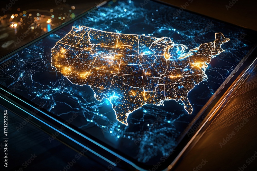 Poster A glowing state map displayed on a tablet, with cities highlighted in vivid colors.