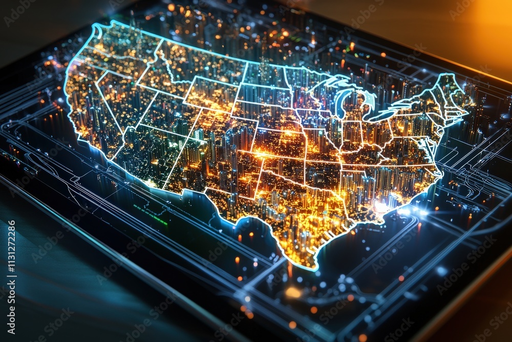 Aufkleber a glowing state map displayed on a tablet, with cities highlighted in vivid colors.