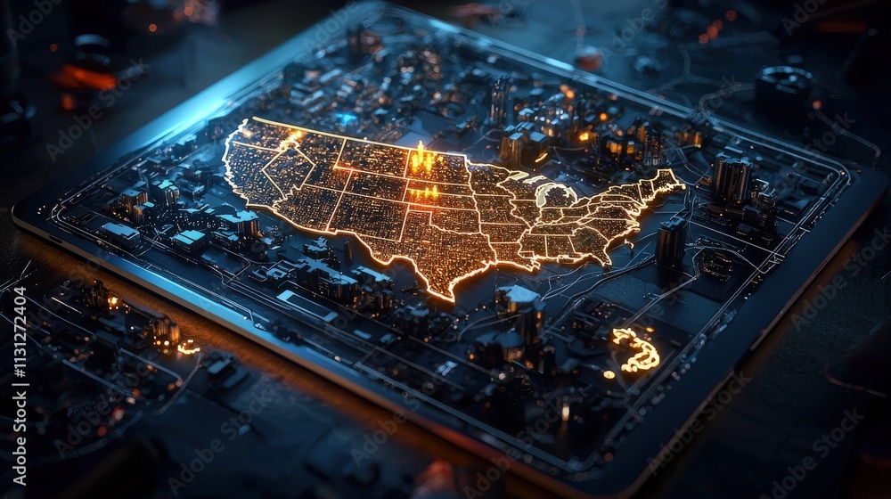 Poster a glowing state map displayed on a tablet, with cities highlighted in vivid colors.