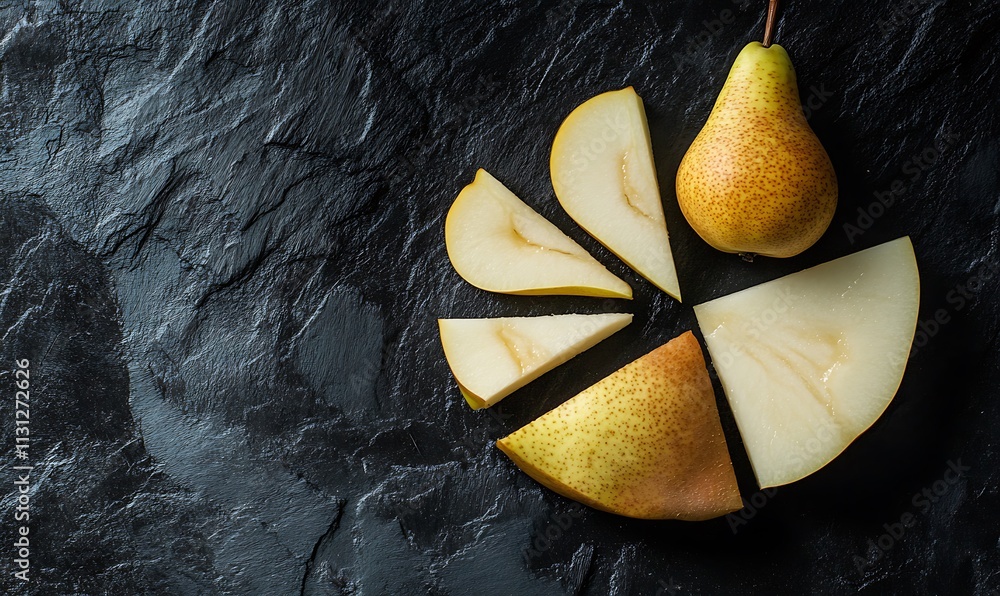 Poster a whole pear and its sliced segments arranged on a dark surface
