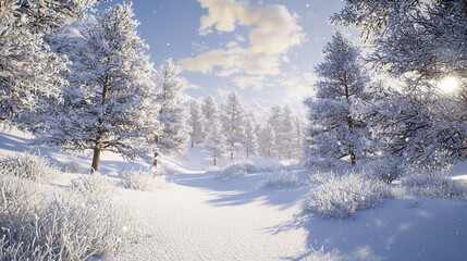 Obraz premium Pine Trees Covered with Snow on a Frosty Evening