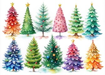 Obraz premium Artistic watercolor Christmas tree collection featuring vibrant seasonal art on a white background. Unique decor ideas to inspire holiday spirit and festive atmosphere in your home.