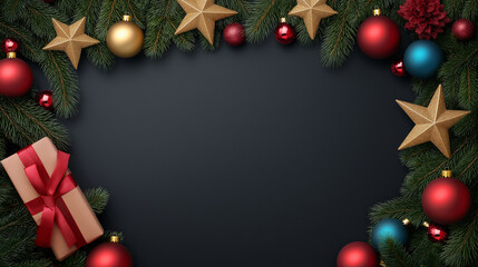 elegant christmas background with pine branches, colorful ornaments, golden stars, and a gift box framing a dark background. perfect for holiday cards, festive designs, and seasonal backdrops.